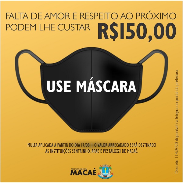 Multa de R$ 150 para quem estiver sem máscara em Macaé