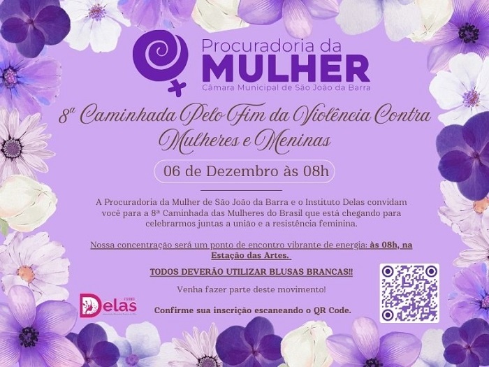 Procuradoria da Mulher convida para Caminhada pelo Fim da Violência contra Mulheres e Meninas, neste sábado (06), em SJB