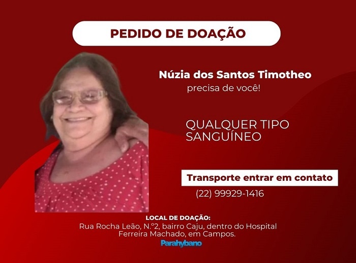Moradora de São João da Barra precisa de doação de sangue com urgência